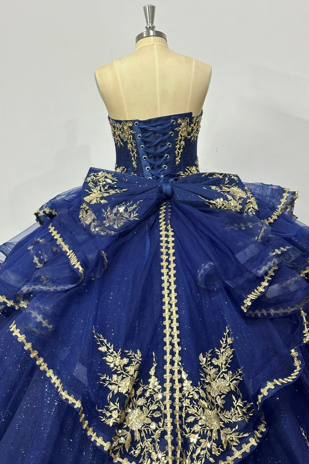 Strapless Sleeveless Beaded Pleated Ruffles Tiered Gold Appliques Navy Blue Quinceañera Dress Y1033