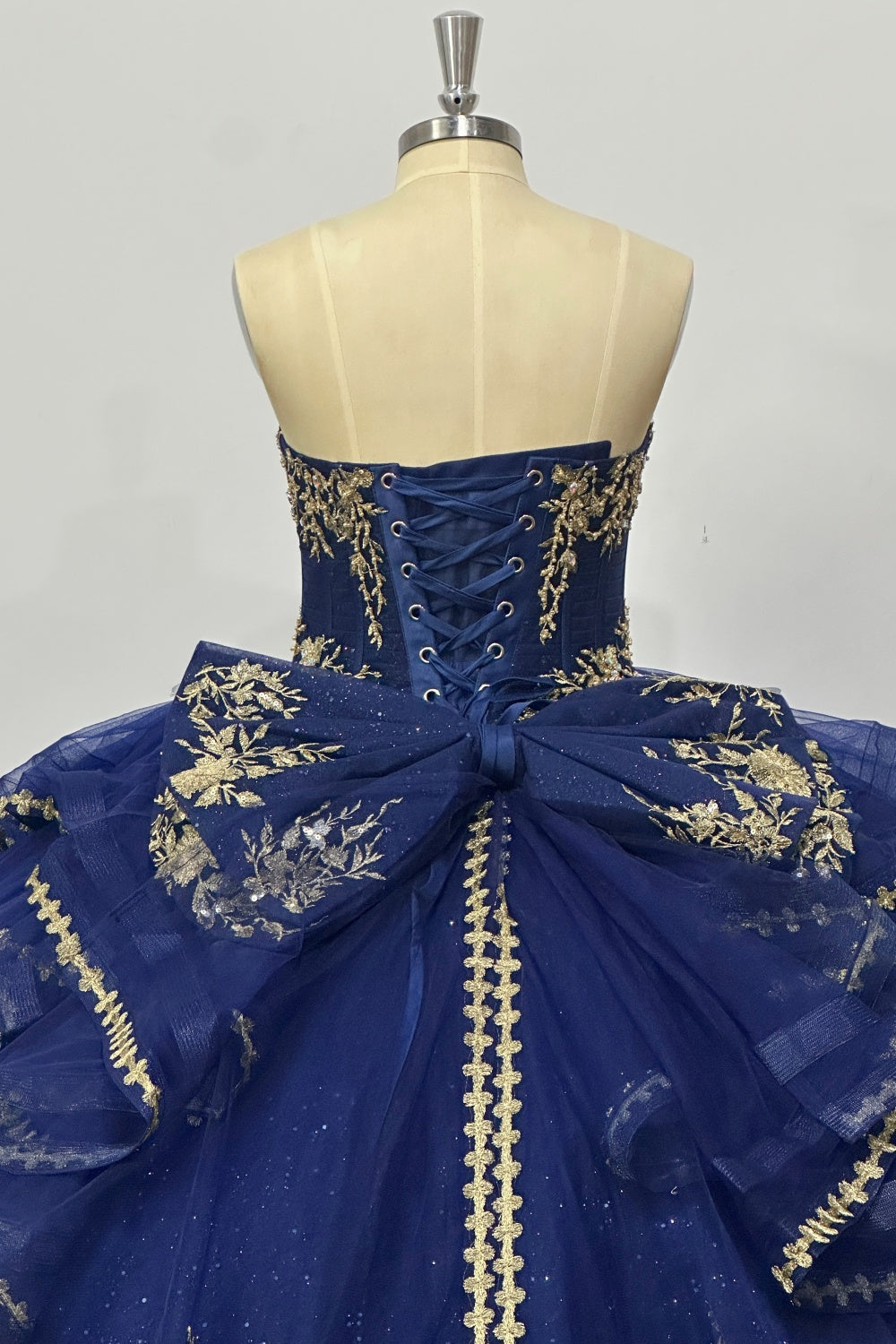 Strapless Sleeveless Beaded Pleated Ruffles Tiered Gold Appliques Navy Blue Quinceañera Dress Y1033