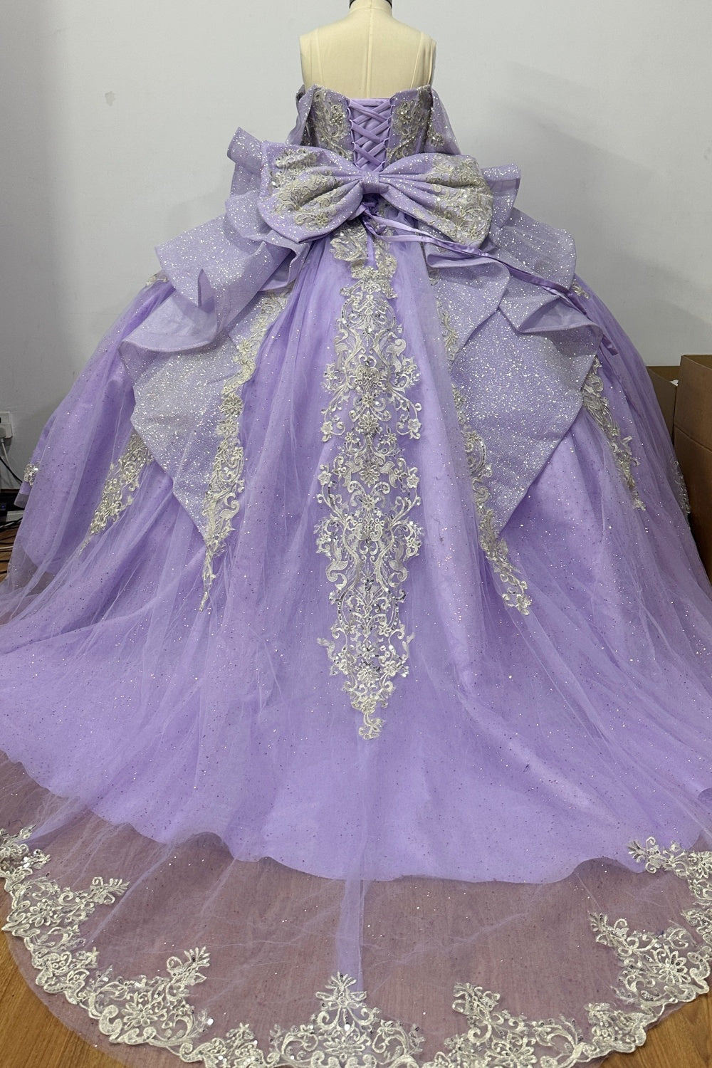 Off Shoulder Sleeveless Beaded Silver Appliques Ruffles Bow Knot Lilac Quinceañera Dress Y1034