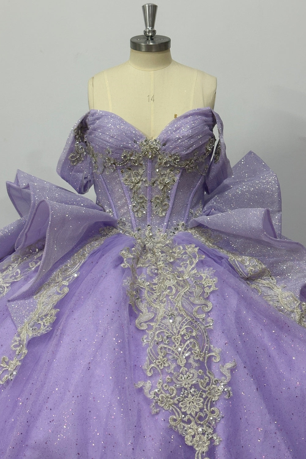 Off Shoulder Sleeveless Beaded Silver Appliques Ruffles Bow Knot Lilac Quinceañera Dress Y1034