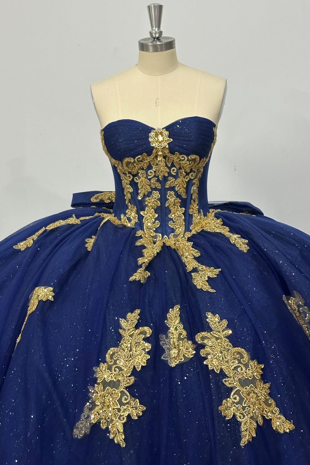 Strapless Sleeveless Beaded Gold Appliques Bow Knot Navy Blue 15 Quinceañera Dress Y1035