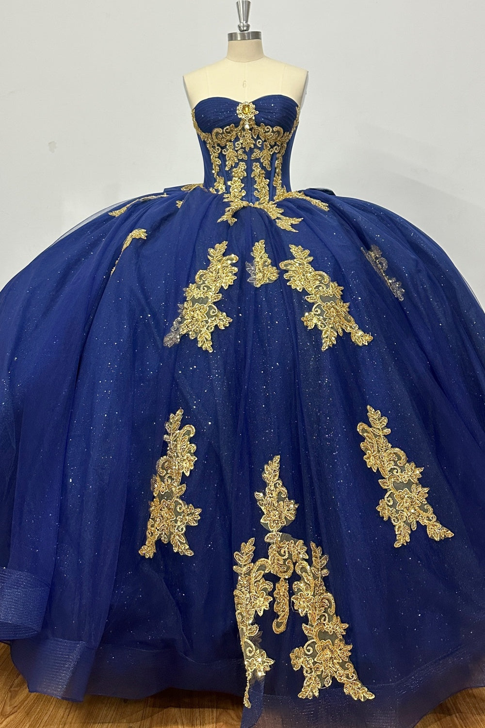Strapless Sleeveless Beaded Gold Appliques Bow Knot Navy Blue 15 Quinceañera Dress Y1035