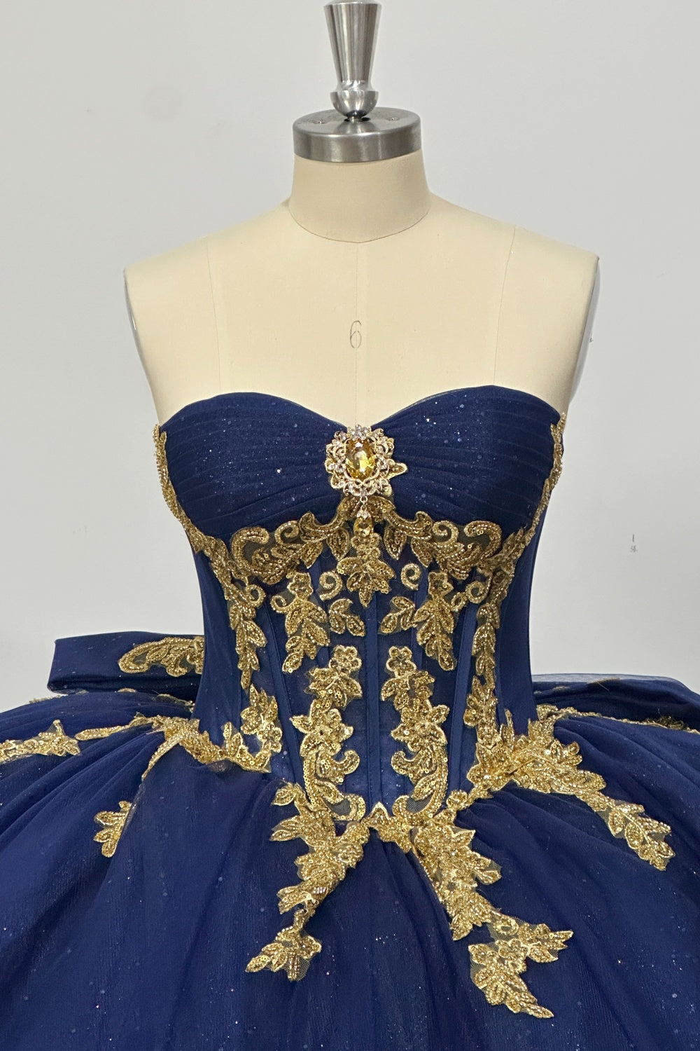 Strapless Sleeveless Beaded Gold Appliques Bow Knot Navy Blue 15 Quinceañera Dress Y1035