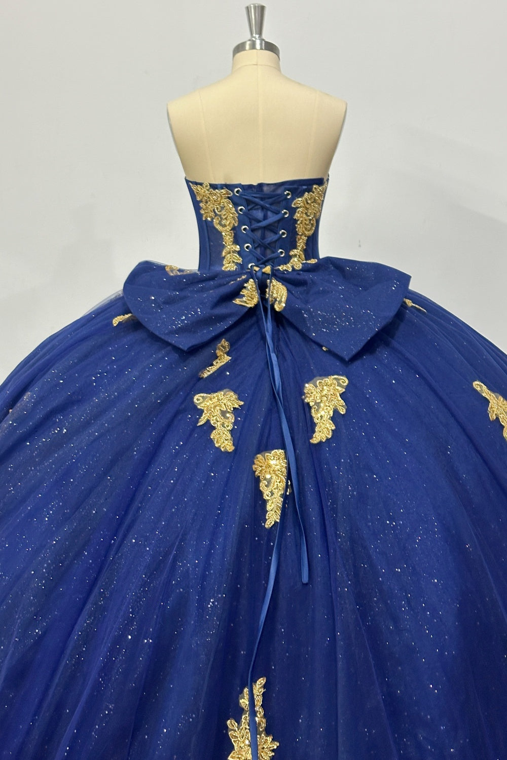 Strapless Sleeveless Beaded Gold Appliques Bow Knot Navy Blue 15 Quinceañera Dress Y1035