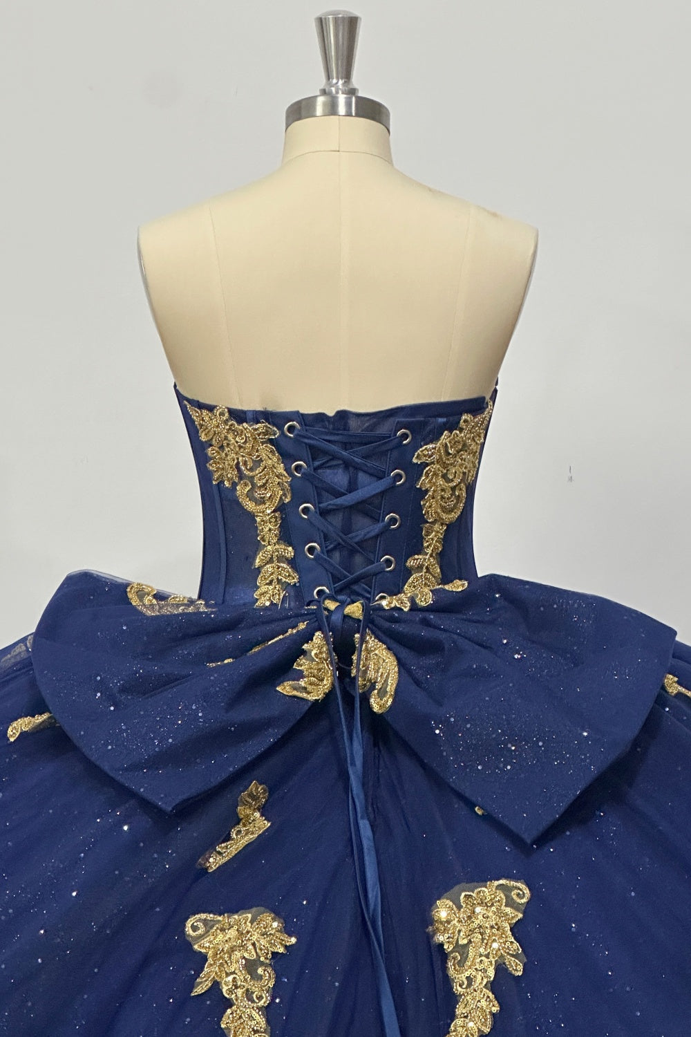 Strapless Sleeveless Beaded Gold Appliques Bow Knot Navy Blue 15 Quinceañera Dress Y1035