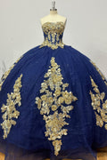 Strapless Sleeveless Beaded 3D Flower Apliques Bow Knot Dark Blue Quinceañera Dress Y1037