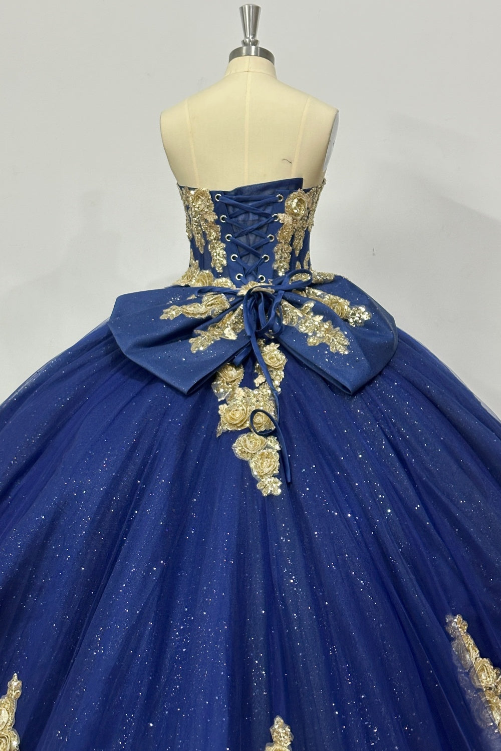 Strapless Sleeveless Beaded 3D Flower Apliques Bow Knot Dark Blue Quinceañera Dress Y1037
