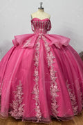 Off Shoulder Sleeveless Beaded Appliques Ruffles Bow Knot Hot Pink Quinceañera Dress Y1038