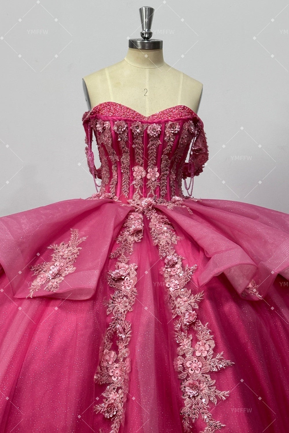 Off Shoulder Sleeveless Beaded Appliques Ruffles Bow Knot Hot Pink Quinceañera Dress Y1038