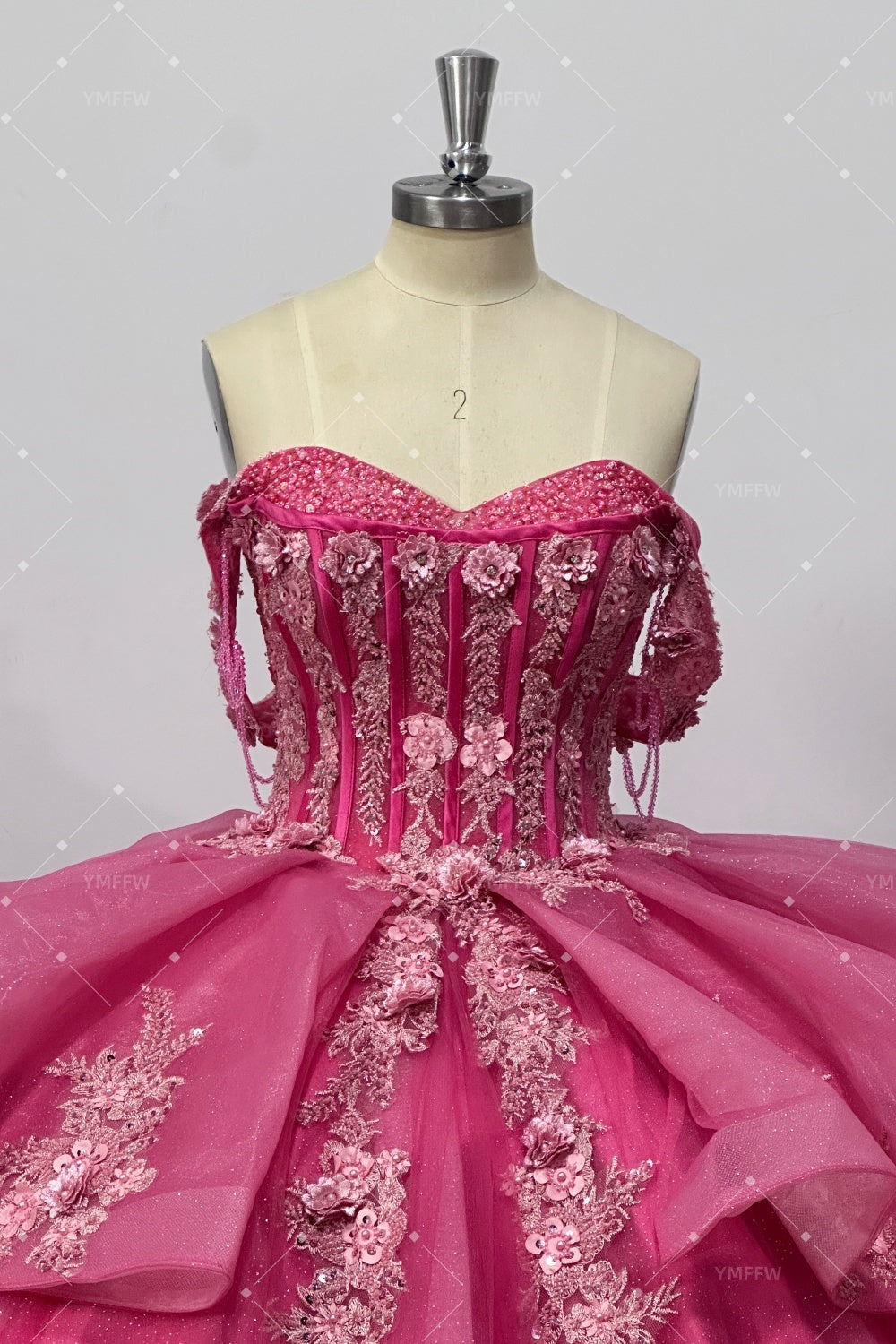 Off Shoulder Sleeveless Beaded Appliques Ruffles Bow Knot Hot Pink Quinceañera Dress Y1038