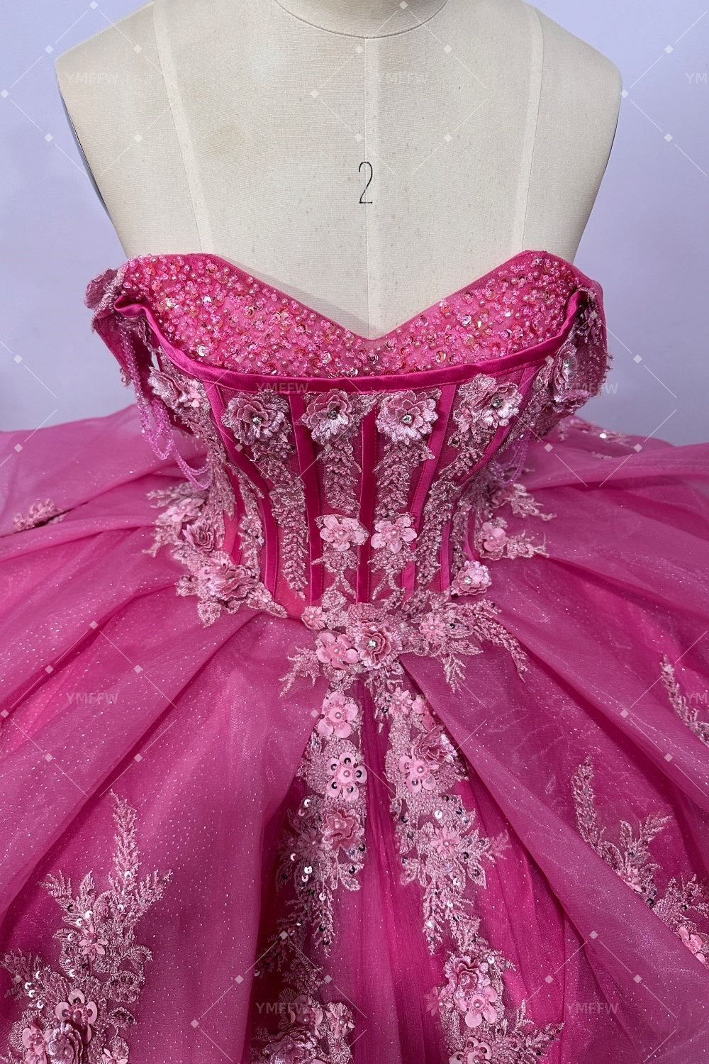 Off Shoulder Sleeveless Beaded Appliques Ruffles Bow Knot Hot Pink Quinceañera Dress Y1038