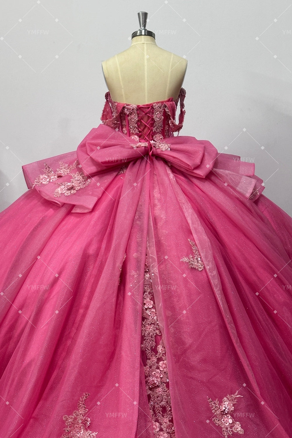 Off Shoulder Sleeveless Beaded Appliques Ruffles Bow Knot Hot Pink Quinceañera Dress Y1038