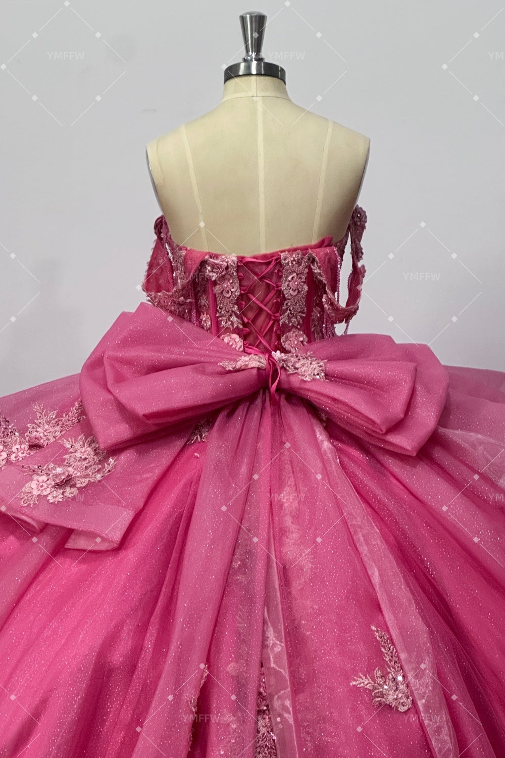 Off Shoulder Sleeveless Beaded Appliques Ruffles Bow Knot Hot Pink Quinceañera Dress Y1038