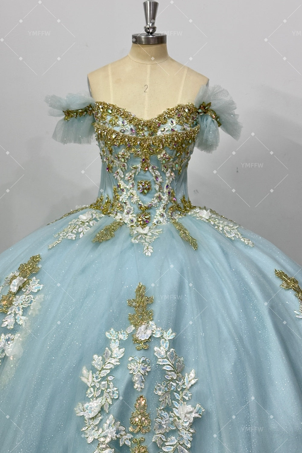 Off Shoulder Sleeveless Beaded Appliques Bow Knot Baby Blue Quinceañera Dress Y1039