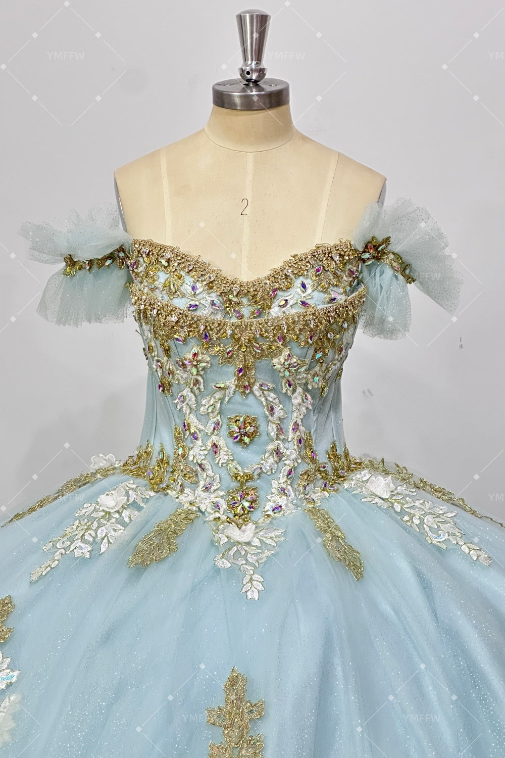 Off Shoulder Sleeveless Beaded Appliques Bow Knot Baby Blue Quinceañera Dress Y1039