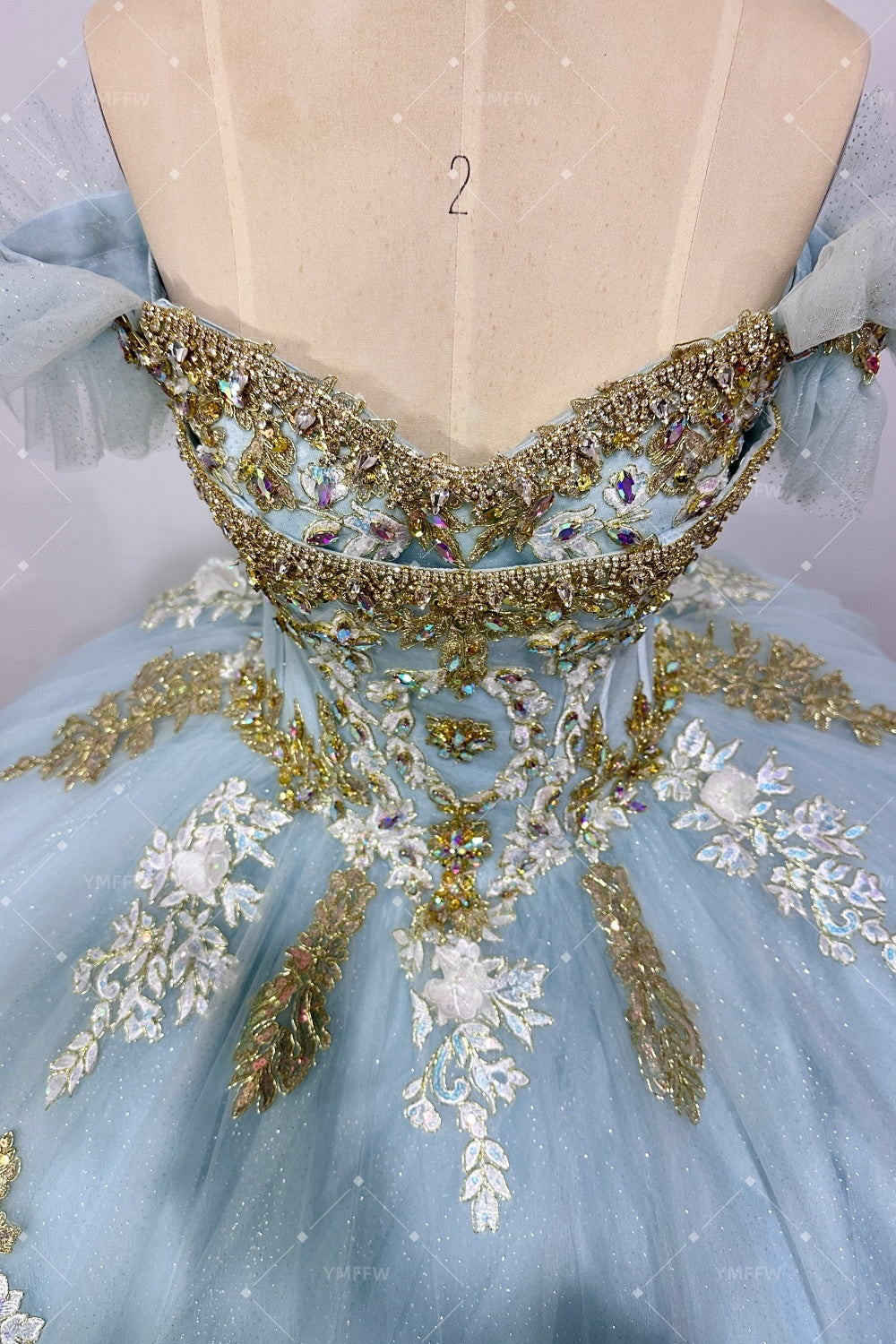 Off Shoulder Sleeveless Beaded Appliques Bow Knot Baby Blue Quinceañera Dress Y1039