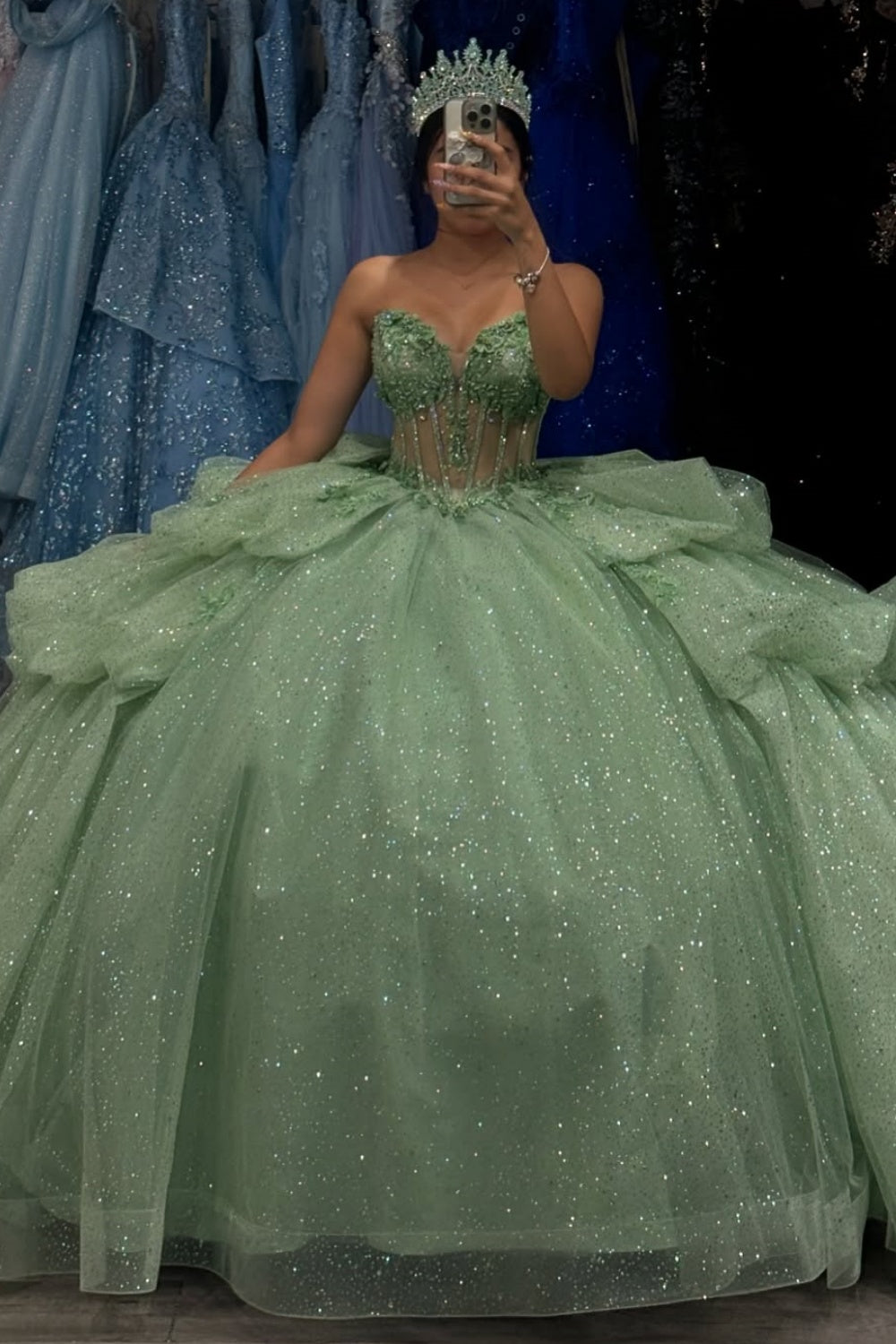 Sweetheart Sleeveless Beaded Appliques Ruched Bow Knot Mint Green Quinceanera Dress YQ1001