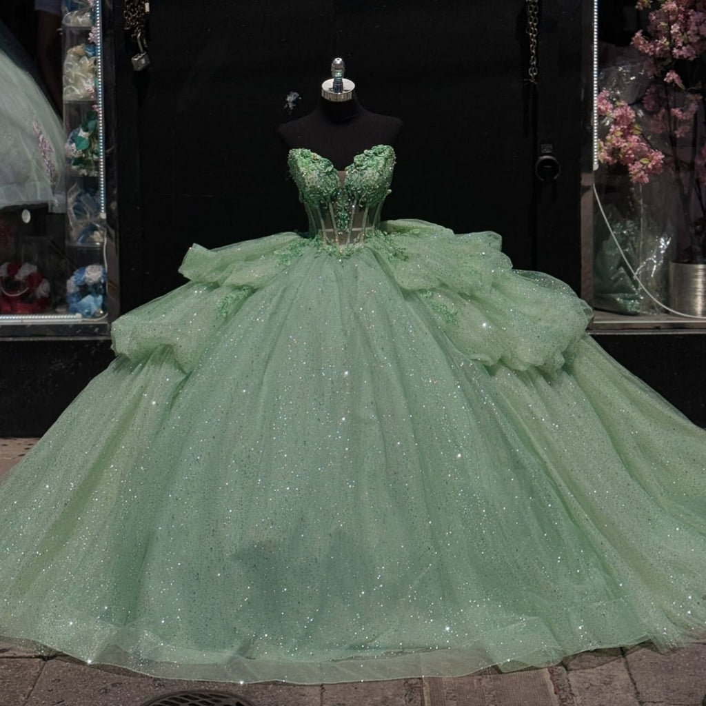 Sweetheart Sleeveless Beaded Appliques Ruched Bow Knot Mint Green Quinceanera Dress YQ1001