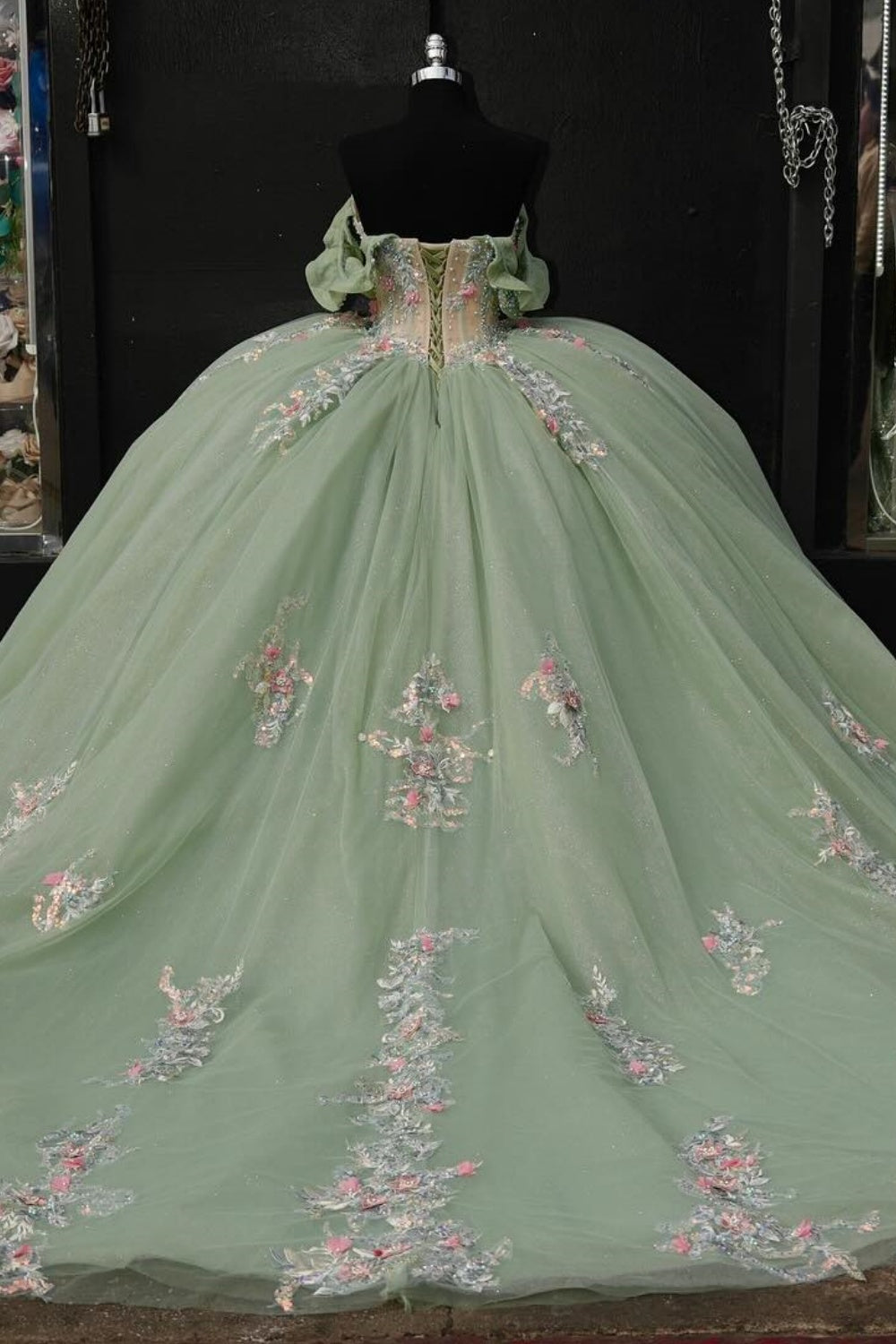 Off Shoulder Sleeveless Beaded 3D Flowers Appliques Mint Green Quinceañera Dress YQ1002