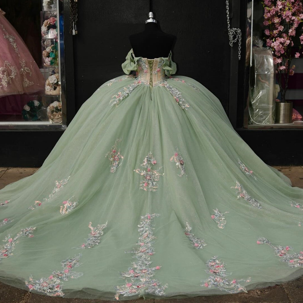 Vestido de Quinceañera Verde Menta con Hombros Descubiertos, sin Mangas, con Cuentas y Flores 3D YQ1002