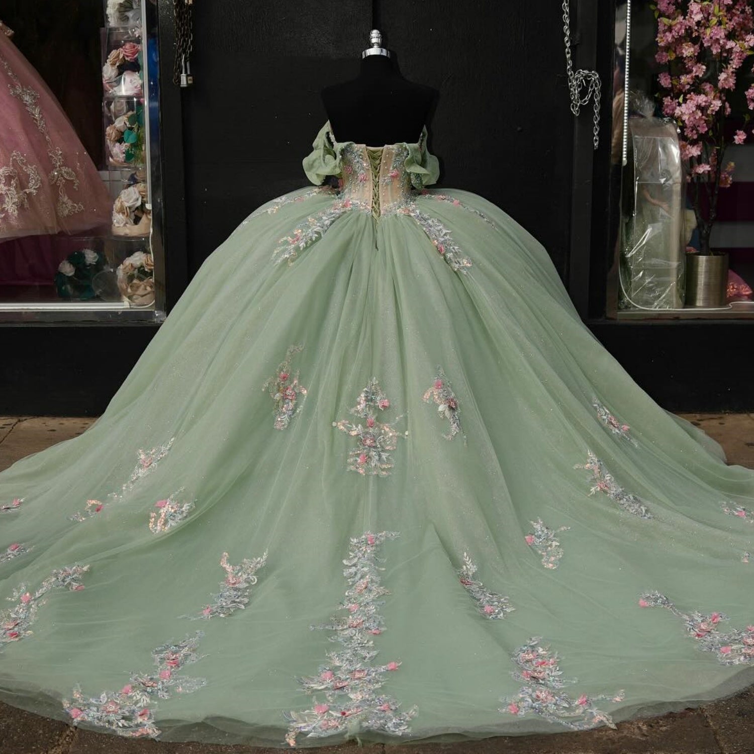 Off Shoulder Sleeveless Beaded 3D Flowers Appliques Mint Green Quinceañera Dress YQ1002