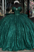 Vestido de quinceañera YQ1003 sin mangas con hombros descubiertos, abalorios de cristal y fruncido con purpurina