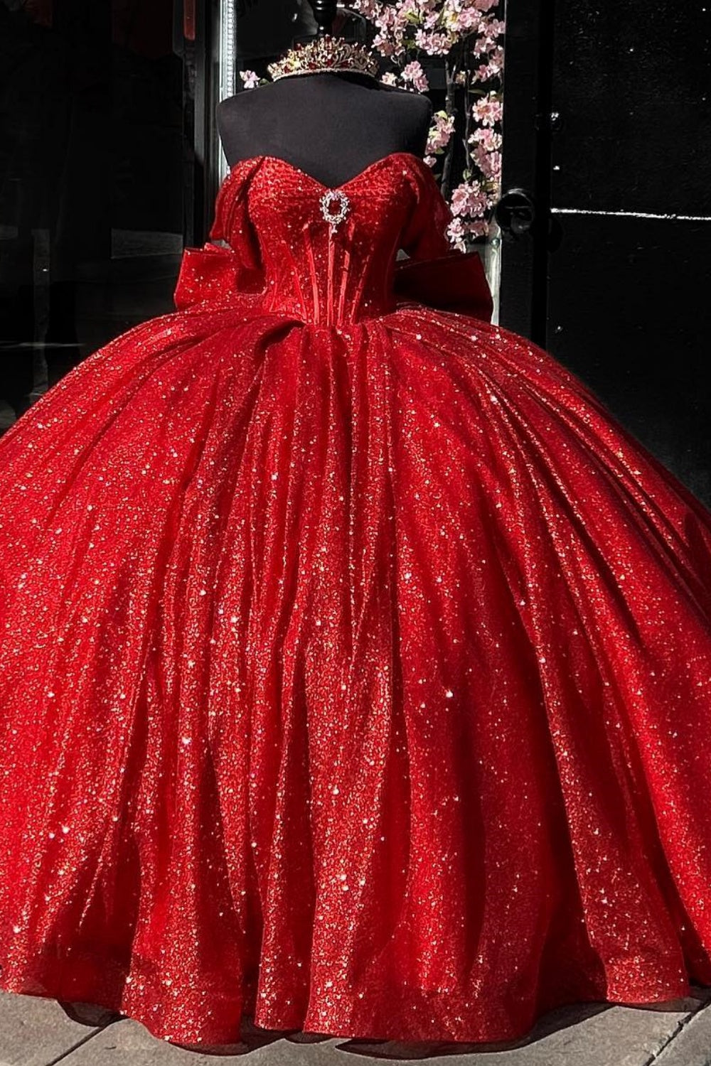 Off Shoulder Sleeveless Beaded Crystal Ruched Glitter Quinceanera Dress YQ1003