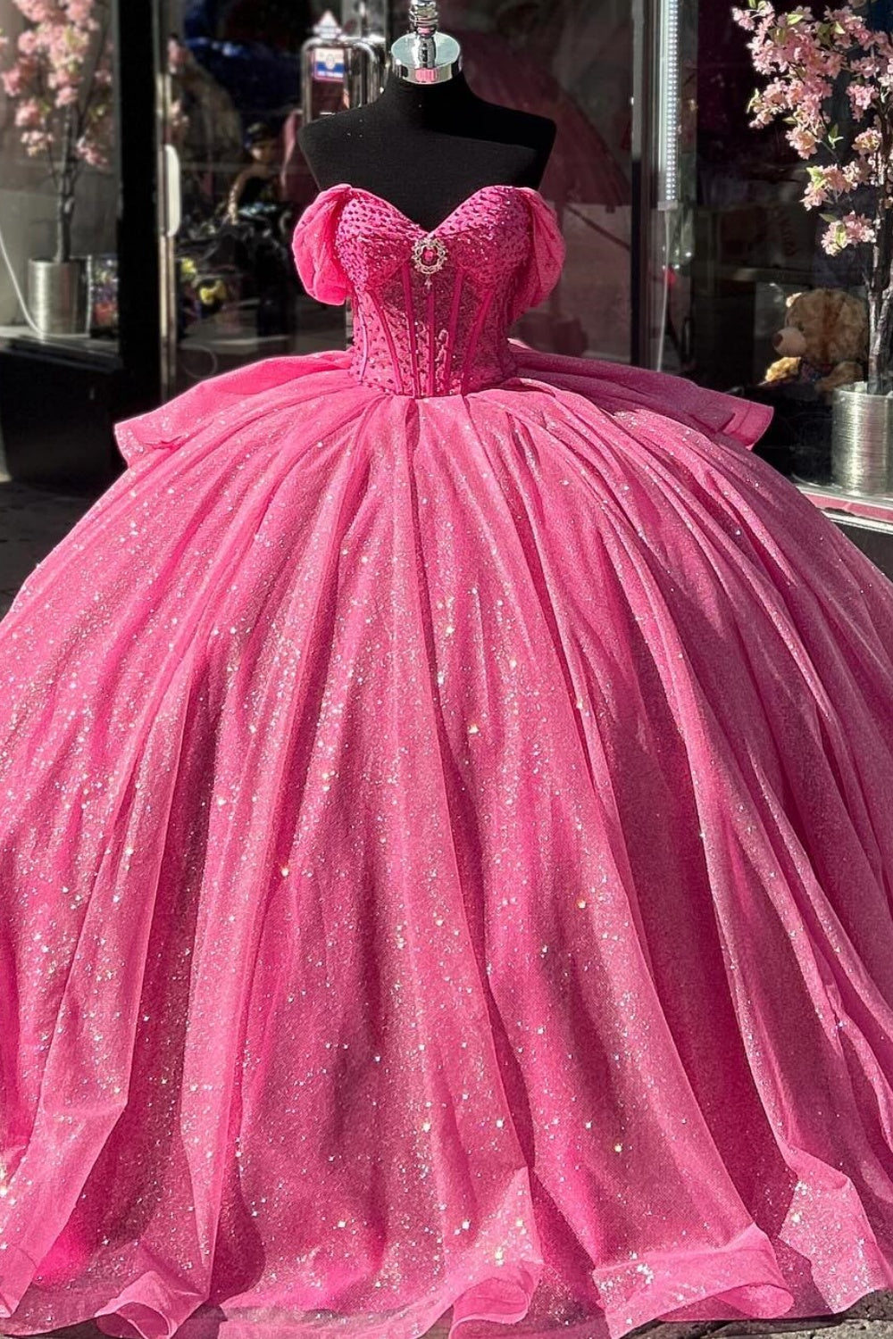 Off Shoulder Sleeveless Beaded Crystal Ruched Glitter Quinceanera Dress YQ1003