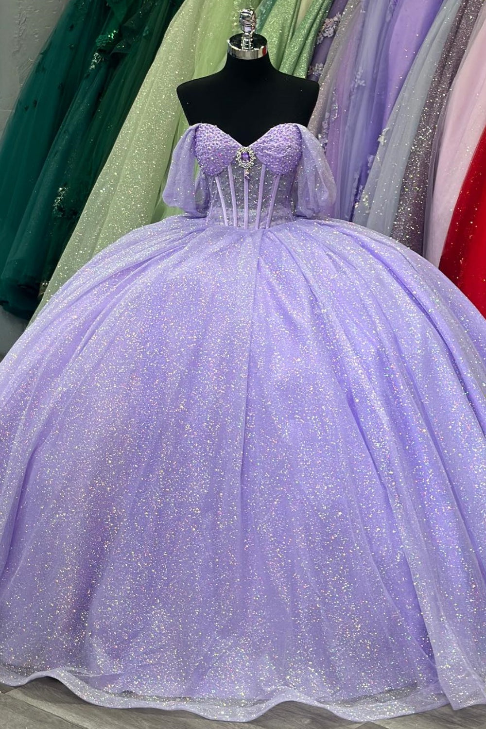 Off Shoulder Sleeveless Beaded Crystal Ruched Glitter Quinceanera Dress YQ1003