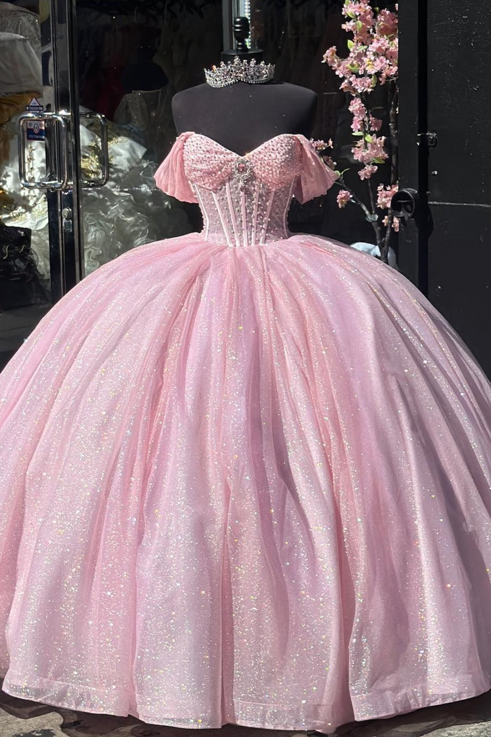 Off Shoulder Sleeveless Beaded Crystal Ruched Glitter Quinceanera Dress YQ1003