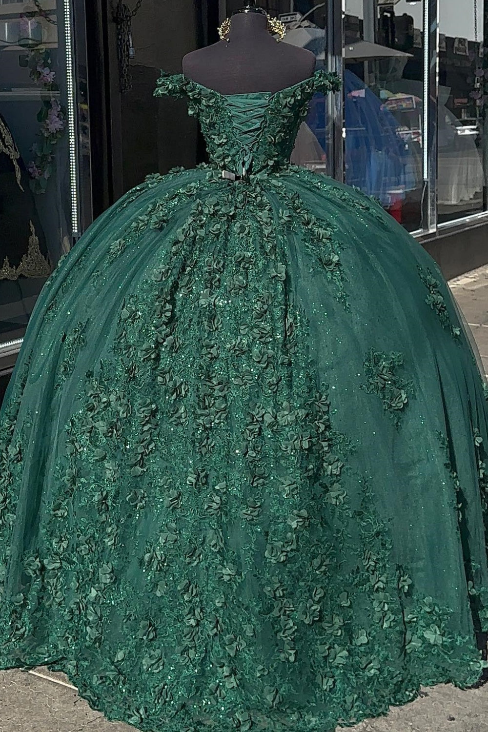 Off Shoulder Sleeveless 3D Flower Appliques Dark Green Quinceañera Dress YQ1004
