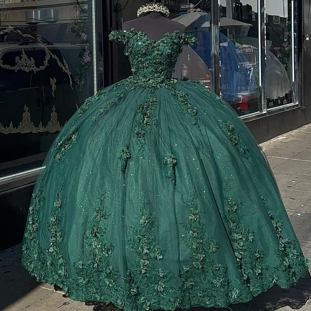 Off Shoulder Sleeveless 3D Flower Appliques Dark Green Quinceañera Dress YQ1004