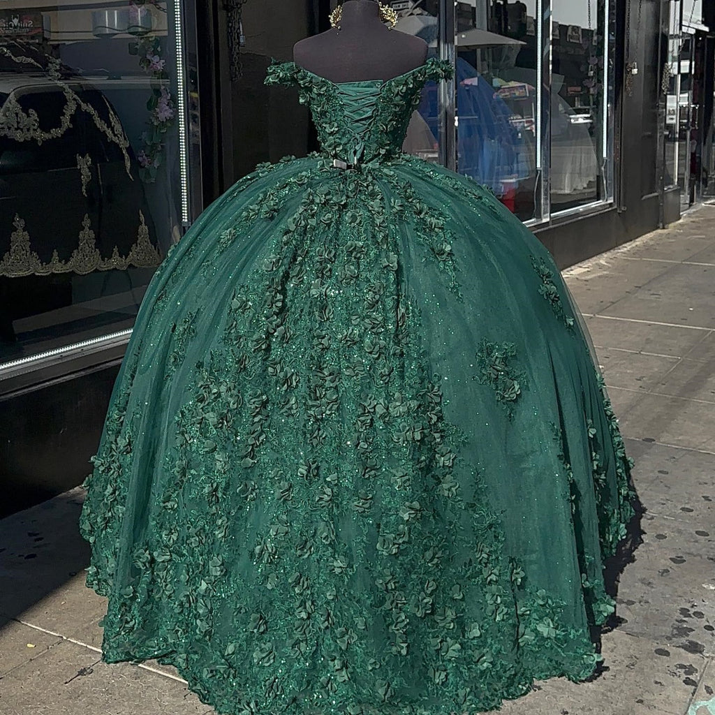 Off Shoulder Sleeveless 3D Flower Appliques Dark Green Quinceañera Dress YQ1004