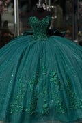 Sweetheart Sleeveless Appliques Bow Knot Ruffles Dark Green Quinceañera Dress YQ1005