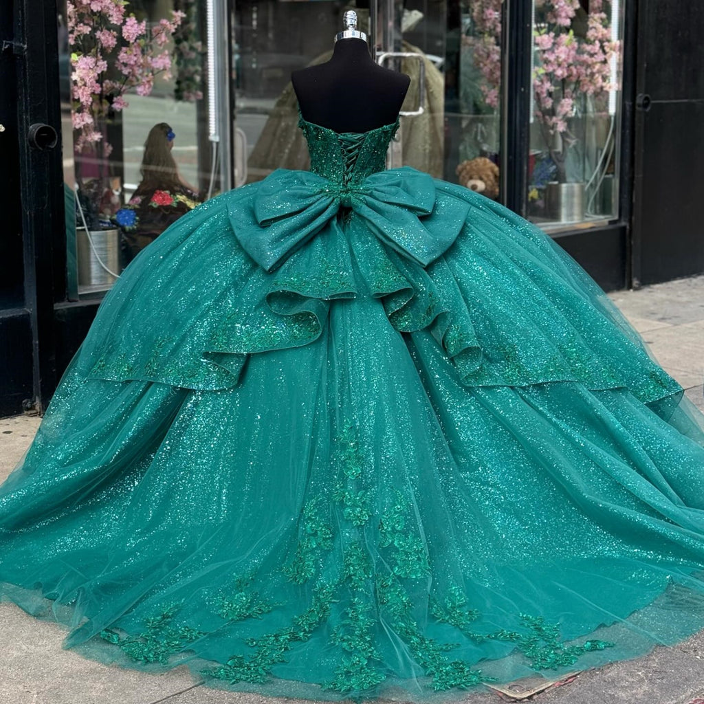 Sweetheart Sleeveless Appliques Bow Knot Ruffles Dark Green Quinceañera Dress YQ1005