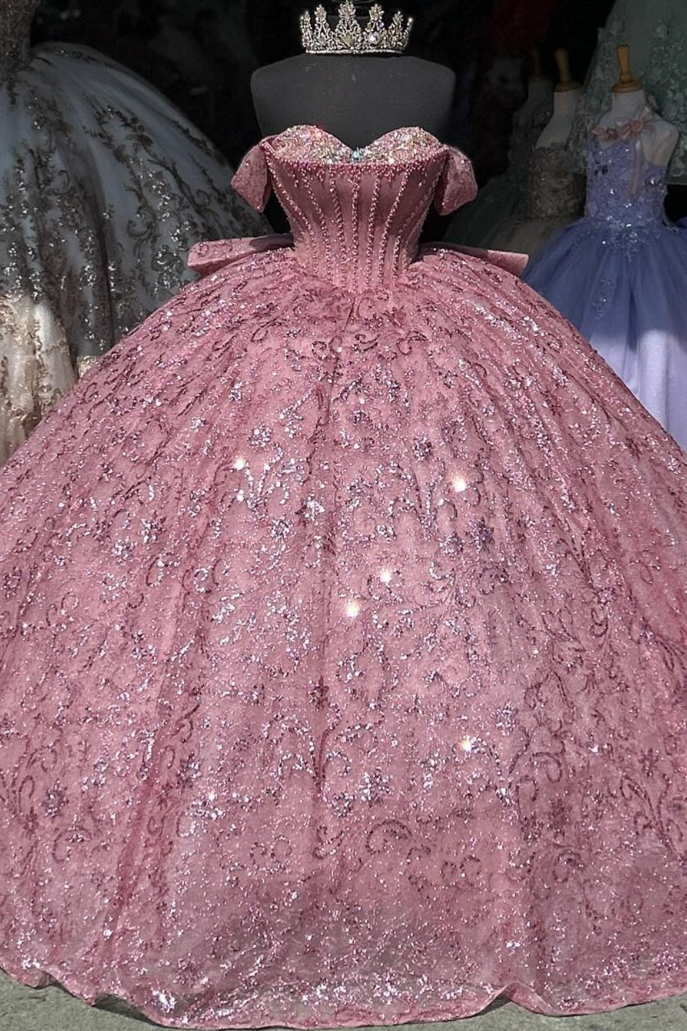 Off Shoulder Sleeveless Beaded Crystal Sequins Pink Glitter Quinceañera Dress YQ1008
