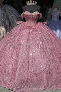 Off Shoulder Sleeveless Beaded Crystal Sequins Pink Glitter Quinceañera Dress YQ1008