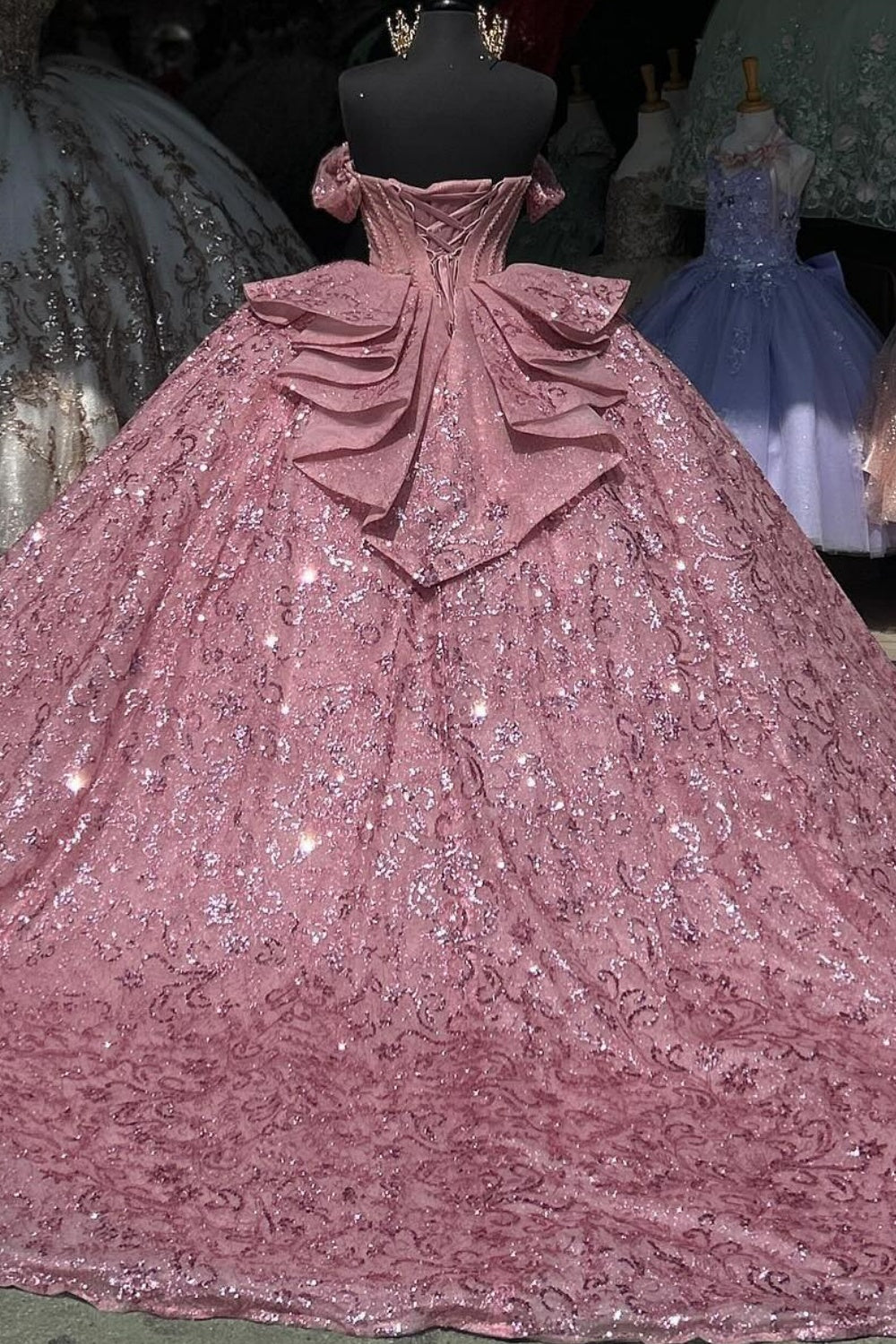 Off Shoulder Sleeveless Beaded Crystal Sequins Pink Glitter Quinceañera Dress YQ1008