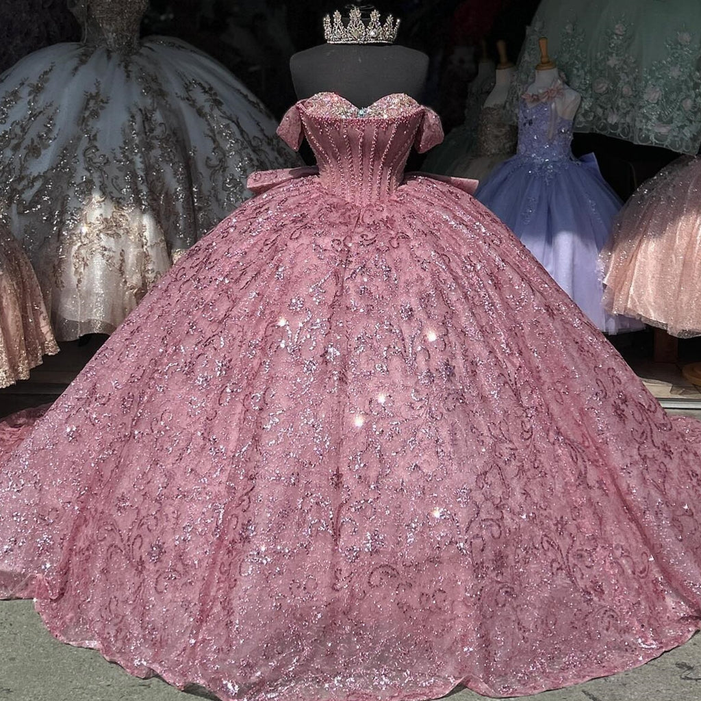 Off Shoulder Sleeveless Beaded Crystal Sequins Pink Glitter Quinceañera Dress YQ1008