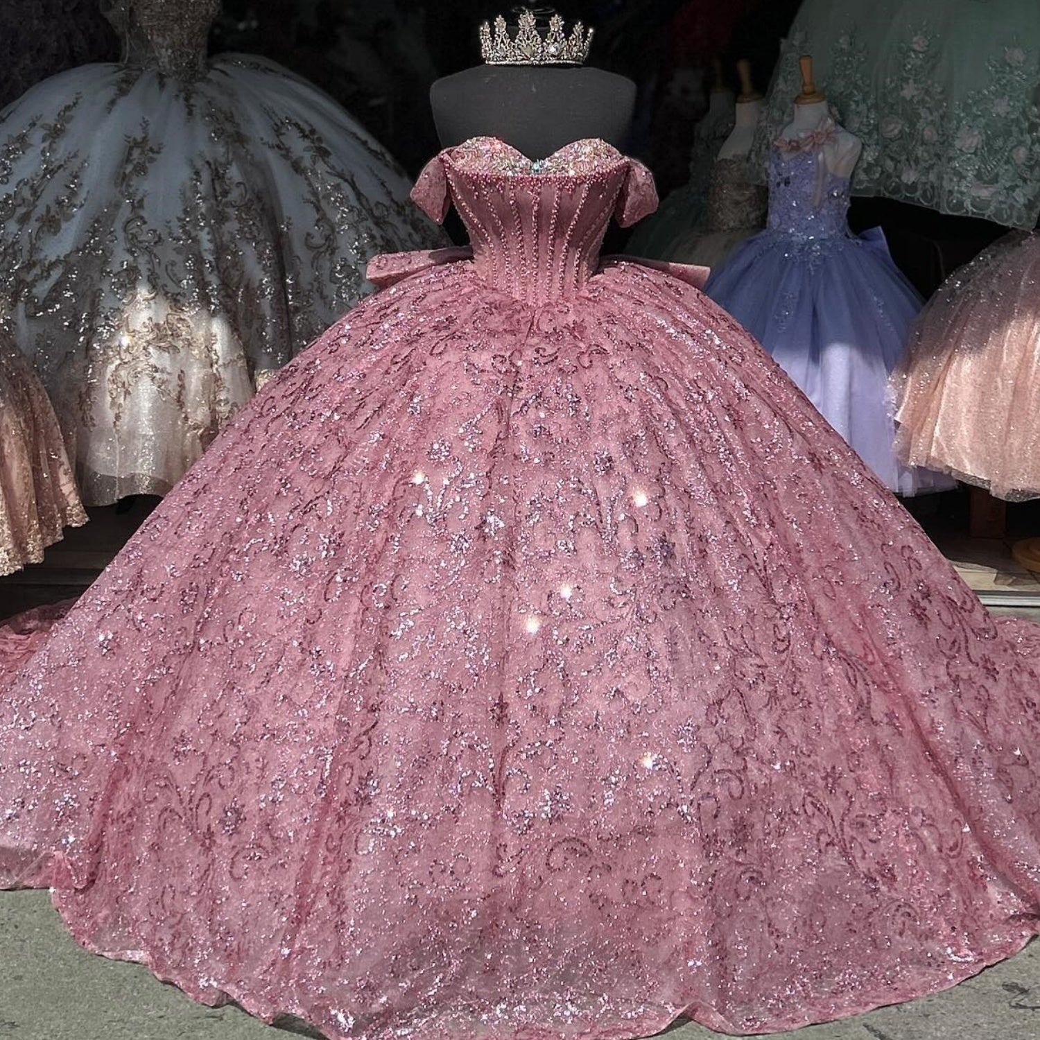 Off Shoulder Sleeveless Beaded Crystal Sequins Pink Glitter Quinceañera Dress YQ1008