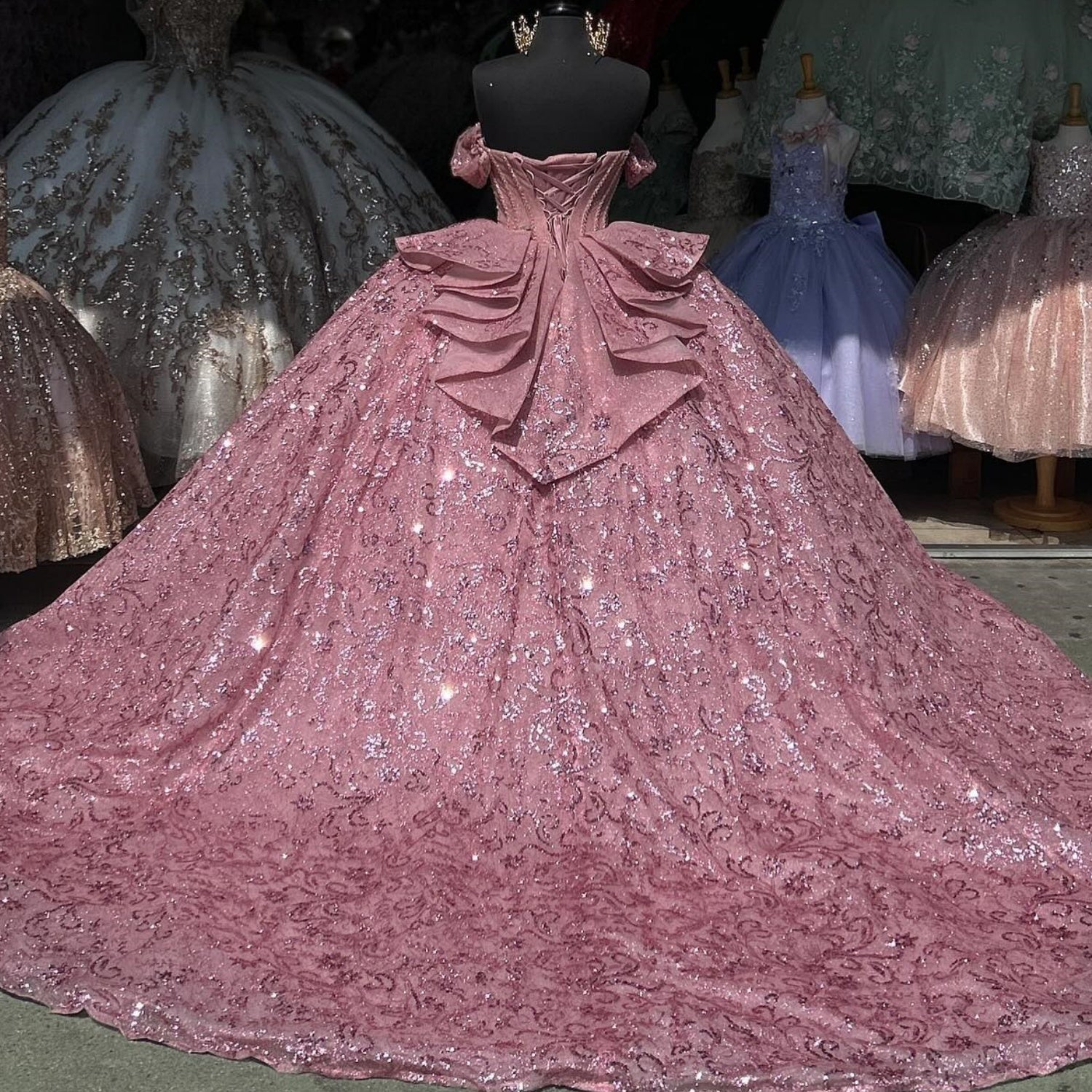 Off Shoulder Sleeveless Beaded Crystal Sequins Pink Glitter Quinceañera Dress YQ1008