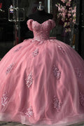 Vestido de Quinceañera Rosa con Hombros Descubiertos, Sin Mangas, con Apliques y Lazo YQ1009