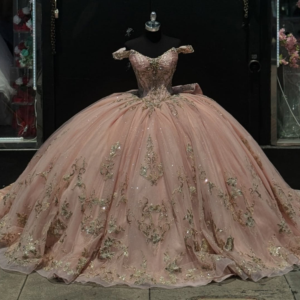 Off Shoulder Sleeveless Beaded Gold Appliques Bow Knot Pink Quinceañera Dress YQ1010