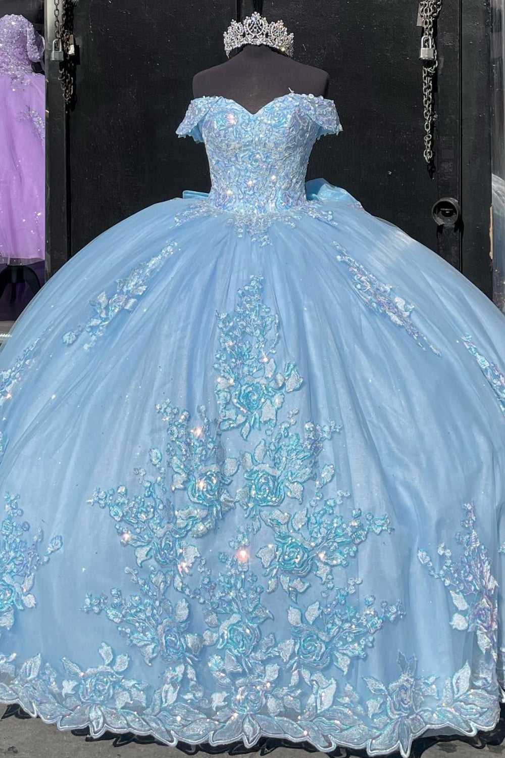 Off Shoulder Sleeveless Bow Knot Fully Sequins Appliques Quinceañera Dress YQ1011