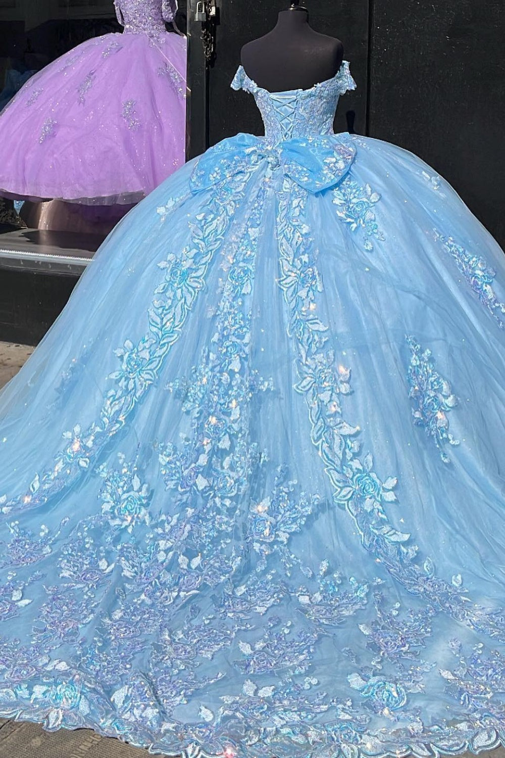Off Shoulder Sleeveless Bow Knot Fully Sequins Appliques Quinceañera Dress YQ1011