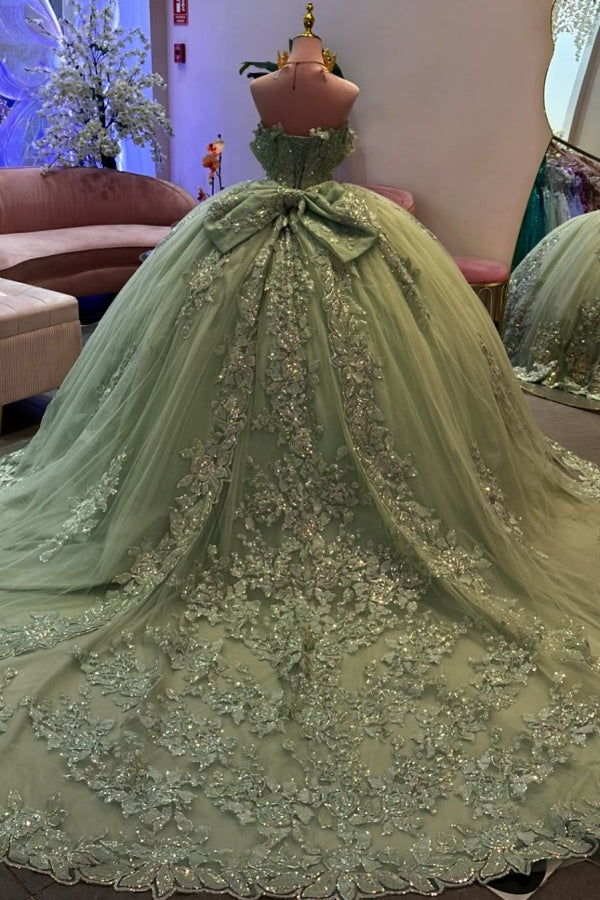 Vestido de quinceañera YQ1011 sin hombros, sin mangas, con nudo de lazo y apliques de lentejuelas.