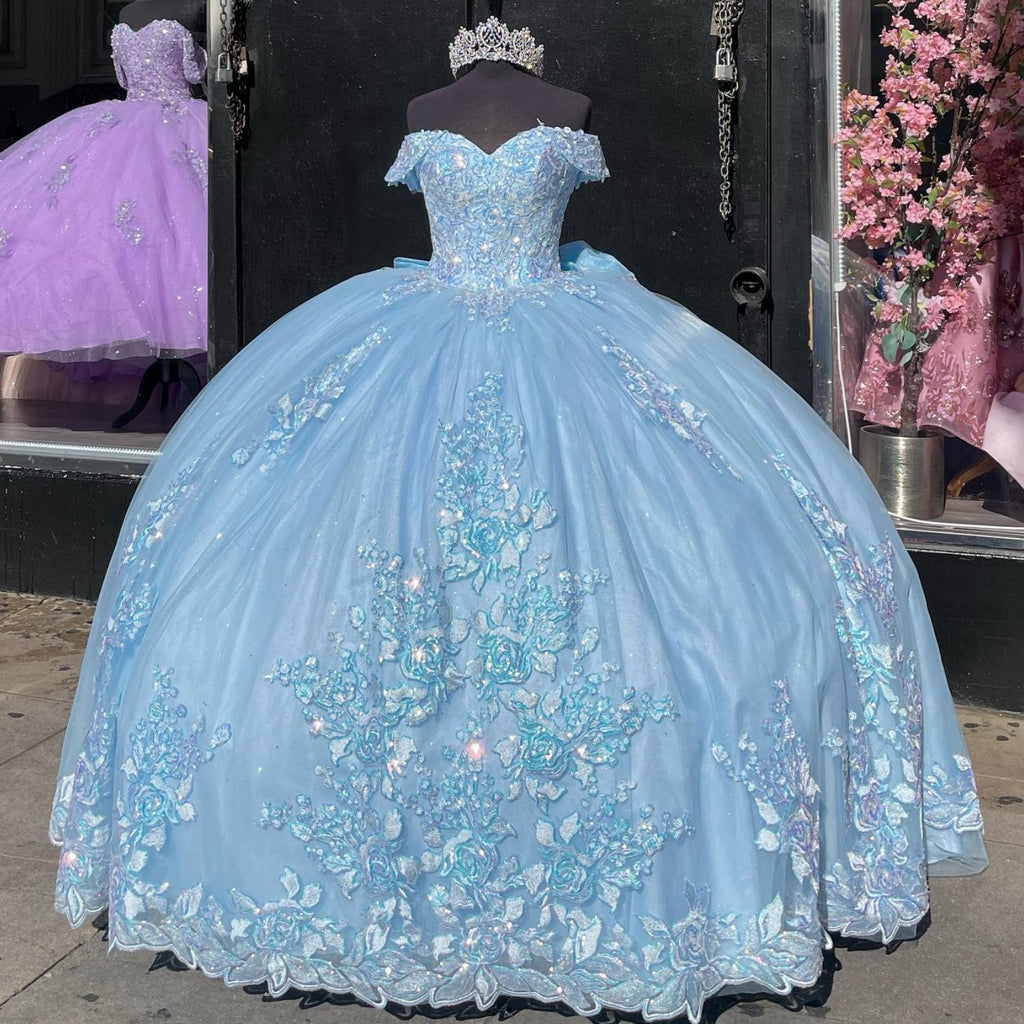 Off Shoulder Sleeveless Bow Knot Fully Sequins Appliques Quinceañera Dress YQ1011