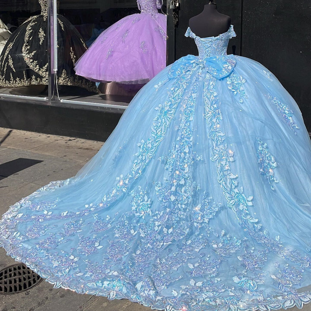 Off Shoulder Sleeveless Bow Knot Fully Sequins Appliques Quinceañera Dress YQ1011
