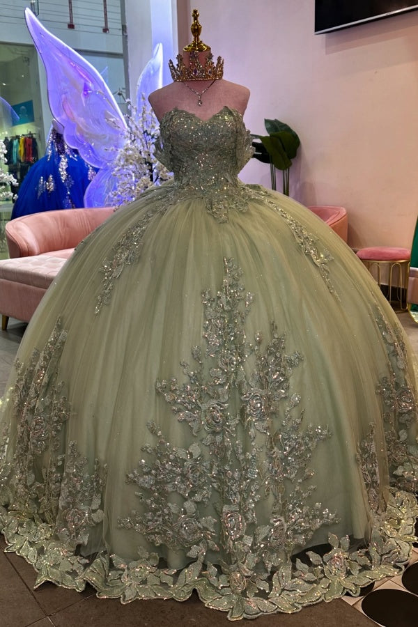 Off Shoulder Sleeveless Bow Knot Fully Sequins Appliques Quinceañera Dress YQ1011