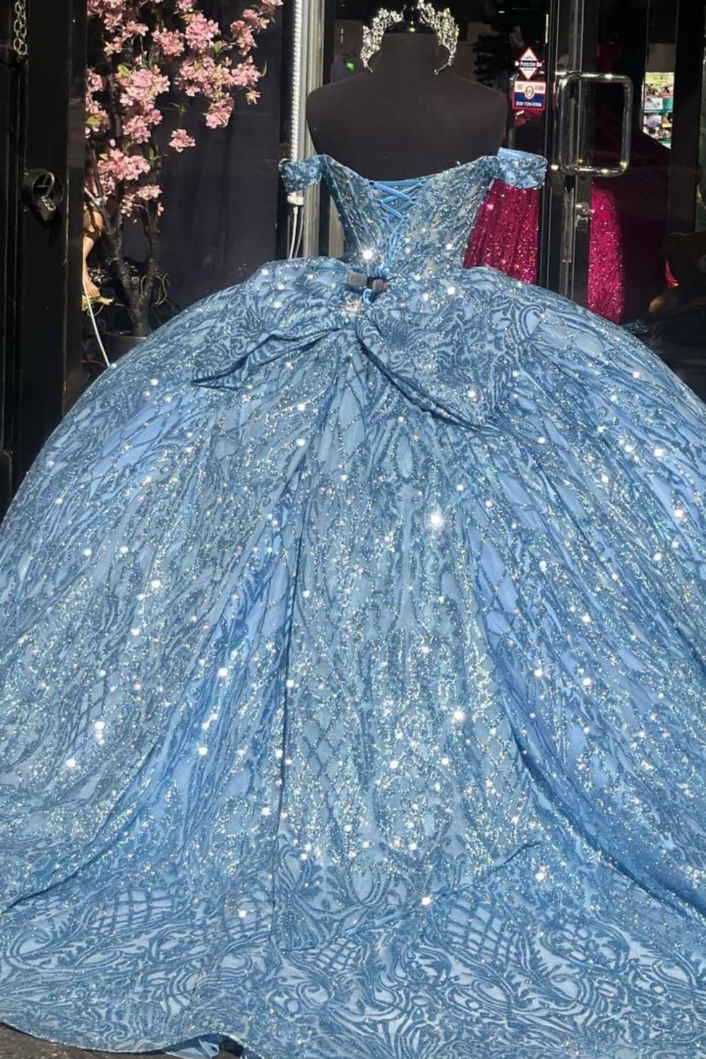 Off Shoulder Sleeveless Beaded Crystal Glitter Bow Knot Quinceañera Dress YQ1012
